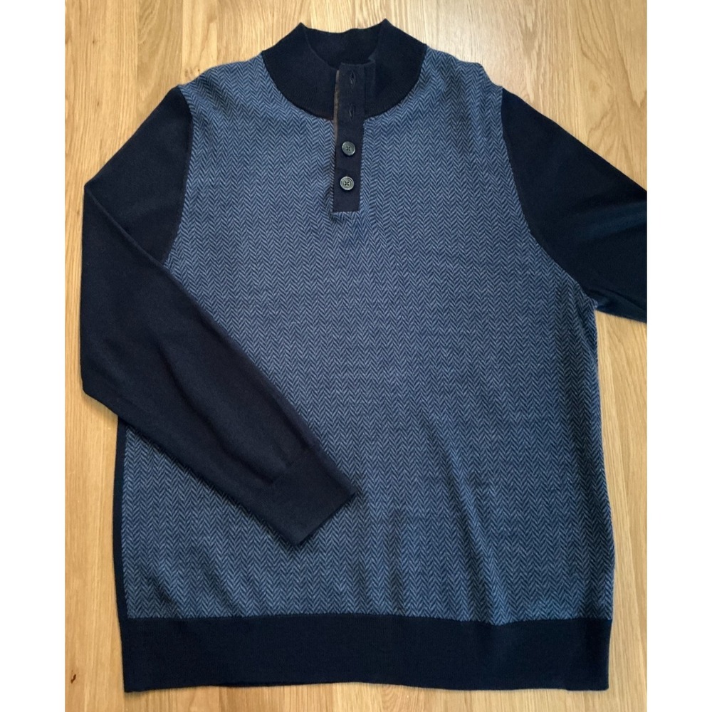 Brooks Brothers XL Merino Wool 4-Button Mock Neck‎ Sweater Blue Herringbone